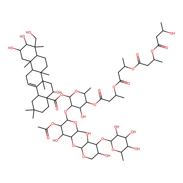 2D Structure of [(2S,3R,4S,5R,6R)-3-[(2S,3R,4R,5R,6S)-3-acetyloxy-5-[(2S,3R,4S,5R)-3,5-dihydroxy-4-[(2S,3R,4R,5R,6S)-3,4,5-trihydroxy-6-methyloxan-2-yl]oxyoxan-2-yl]oxy-4-hydroxy-6-methyloxan-2-yl]oxy-4-hydroxy-5-[(3S)-3-[(3S)-3-[(3S)-3-[(3S)-3-hydroxybutanoyl]oxybutanoyl]oxybutanoyl]oxybutanoyl]oxy-6-methyloxan-2-yl] (4aR,5R,6aR,6aS,6bR,8aR,9R,10R,11S,12aS,14bS)-5,10,11-trihydroxy-9-(hydroxymethyl)-2,2,6a,6b,9,12a-hexamethyl-1,3,4,5,6,6a,7,8,8a,10,11,12,13,14b-tetradecahydropicene-4a-carboxylate