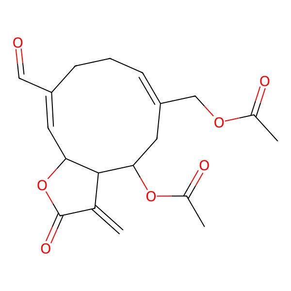 2D Structure of [(3aR,4S,6Z,10E,11aR)-4-acetyloxy-10-formyl-3-methylidene-2-oxo-3a,4,5,8,9,11a-hexahydrocyclodeca[b]furan-6-yl]methyl acetate