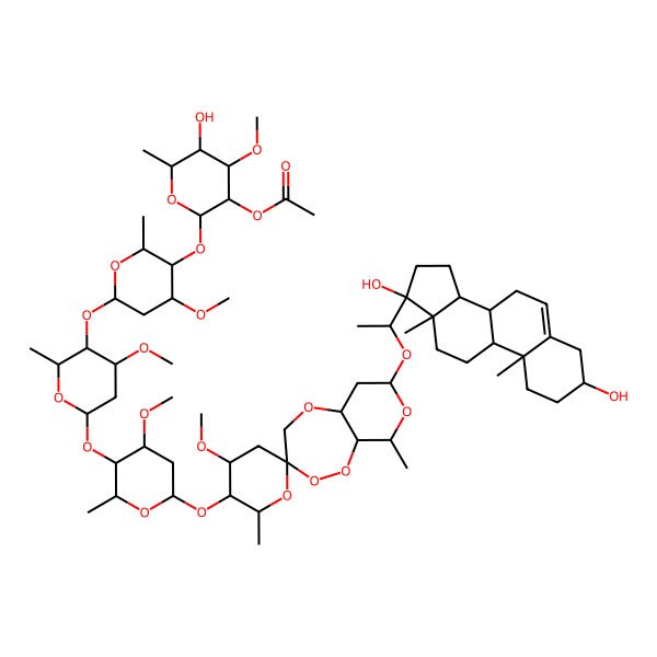 2D Structure of [2-[6-[6-[6-[7-[1-(3,17-Dihydroxy-10,13-dimethyl-1,2,3,4,7,8,9,11,12,14,15,16-dodecahydrocyclopenta[a]phenanthren-17-yl)ethoxy]-4'-methoxy-2',9-dimethylspiro[4,5a,6,7,9,9a-hexahydropyrano[3,4-c][1,2,5]trioxepine-3,6'-oxane]-3'-yl]oxy-4-methoxy-2-methyloxan-3-yl]oxy-4-methoxy-2-methyloxan-3-yl]oxy-4-methoxy-2-methyloxan-3-yl]oxy-5-hydroxy-4-methoxy-6-methyloxan-3-yl] acetate