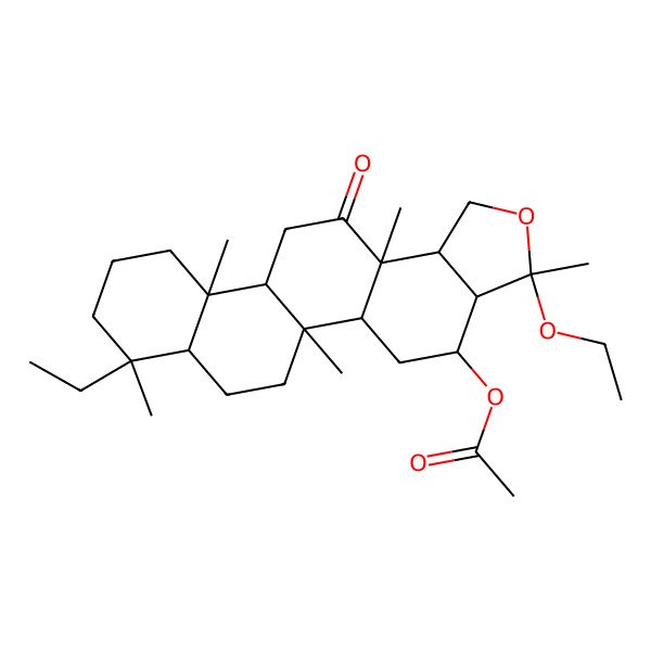 2D Structure of (3-Ethoxy-8-ethyl-3,5b,8,11a,13a-pentamethyl-13-oxo-1,3a,4,5,5a,6,7,7a,9,10,11,11b,12,13b-tetradecahydrophenanthro[2,1-e][2]benzofuran-4-yl) acetate