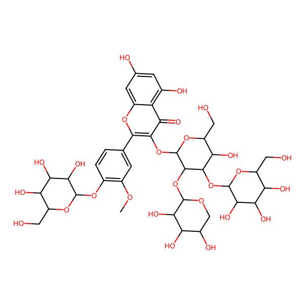 2D Structure of 5,7-dihydroxy-3-[(2S,3R,4S,5R,6R)-5-hydroxy-6-(hydroxymethyl)-4-[(2S,3R,4S,5S,6R)-3,4,5-trihydroxy-6-(hydroxymethyl)oxan-2-yl]oxy-3-[(2S,3R,4S,5R)-3,4,5-trihydroxyoxan-2-yl]oxyoxan-2-yl]oxy-2-[3-methoxy-4-[(2S,3R,4S,5S,6R)-3,4,5-trihydroxy-6-(hydroxymethyl)oxan-2-yl]oxyphenyl]chromen-4-one