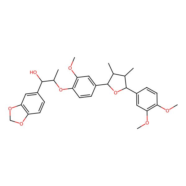 2D Structure of (1R,2R)-1-(1,3-benzodioxol-5-yl)-2-[4-[(2S,3R,4S,5R)-5-(3,4-dimethoxyphenyl)-3,4-dimethyloxolan-2-yl]-2-methoxyphenoxy]propan-1-ol
