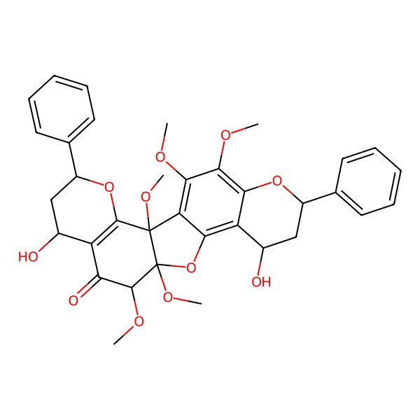 2D Structure of (2R,5R,7R,10R,11R,15R,17R)-7,15-dihydroxy-2,10,11,20,21-pentamethoxy-5,17-diphenyl-4,12,18-trioxapentacyclo[11.8.0.02,11.03,8.014,19]henicosa-1(21),3(8),13,19-tetraen-9-one