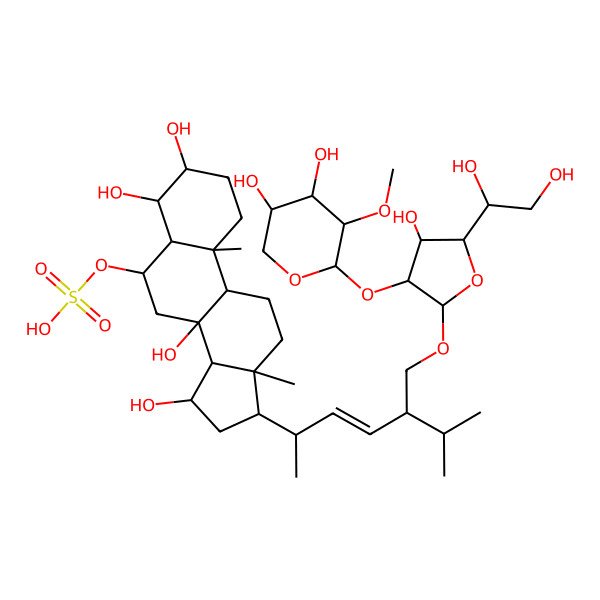 2D Structure of [(3S,4R,5R,6S,8S,9R,10S,13R,14S,15R,17R)-17-[(E,2R,5R)-5-[[(2R,3R,4S,5S)-5-[(1R)-1,2-dihydroxyethyl]-3-[(2S,3R,4S,5R)-4,5-dihydroxy-3-methoxyoxan-2-yl]oxy-4-hydroxyoxolan-2-yl]oxymethyl]-6-methylhept-3-en-2-yl]-3,4,8,15-tetrahydroxy-10,13-dimethyl-1,2,3,4,5,6,7,9,11,12,14,15,16,17-tetradecahydrocyclopenta[a]phenanthren-6-yl] hydrogen sulfate