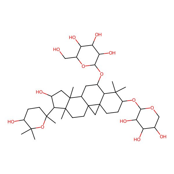 2D Structure of (2R,3R,4S,5S,6R)-2-[[(1S,3R,6S,8R,9S,11S,12S,14S,15R,16R)-14-hydroxy-15-[(2S,5S)-5-hydroxy-2,6,6-trimethyloxan-2-yl]-7,7,12,16-tetramethyl-6-[(2S,3R,4S,5R)-3,4,5-trihydroxyoxan-2-yl]oxy-9-pentacyclo[9.7.0.01,3.03,8.012,16]octadecanyl]oxy]-6-(hydroxymethyl)oxane-3,4,5-triol