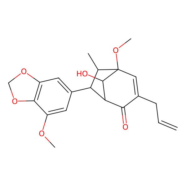 2D Structure of 8-Hydroxy-5-methoxy-7-(7-methoxy-1,3-benzodioxol-5-yl)-6-methyl-3-prop-2-enylbicyclo[3.2.1]oct-3-en-2-one