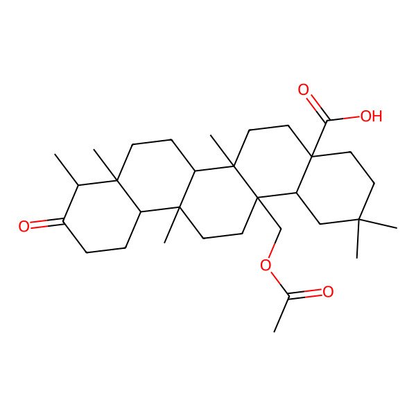 2D Structure of (4aS,6aS,6aR,6bS,8aS,9R,12aS,14aR,14bS)-14a-(acetyloxymethyl)-2,2,6a,6a,8a,9-hexamethyl-10-oxo-3,4,5,6,6b,7,8,9,11,12,12a,13,14,14b-tetradecahydro-1H-picene-4a-carboxylic acid