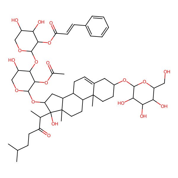 2D Structure of [(2S,3R,4S,5R)-2-[(2S,3R,4S,5S)-3-acetyloxy-5-hydroxy-2-[[(3S,8R,9S,10R,13S,14S,16S,17S)-17-hydroxy-10,13-dimethyl-17-[(2S)-6-methyl-3-oxoheptan-2-yl]-3-[(2R,3R,4S,5S,6R)-3,4,5-trihydroxy-6-(hydroxymethyl)oxan-2-yl]oxy-1,2,3,4,7,8,9,11,12,14,15,16-dodecahydrocyclopenta[a]phenanthren-16-yl]oxy]oxan-4-yl]oxy-4,5-dihydroxyoxan-3-yl] (E)-3-phenylprop-2-enoate