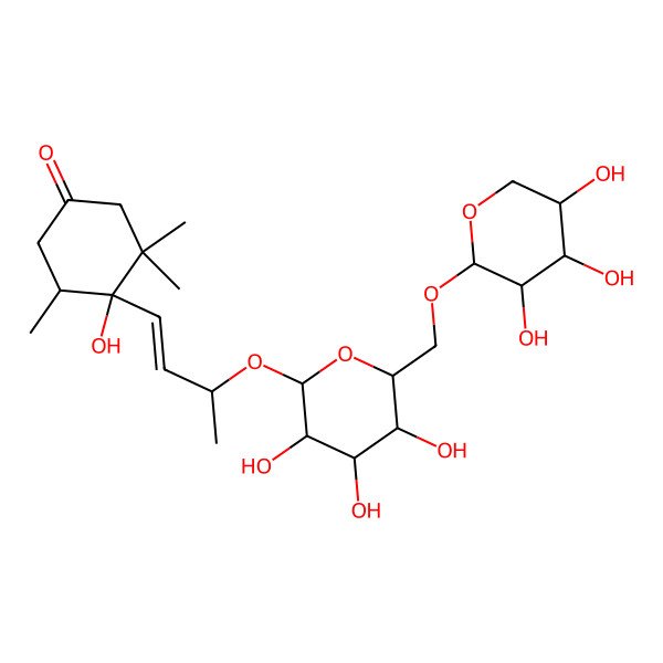 2D Structure of 4-Hydroxy-3,3,5-trimethyl-4-[3-[3,4,5-trihydroxy-6-[(3,4,5-trihydroxyoxan-2-yl)oxymethyl]oxan-2-yl]oxybut-1-enyl]cyclohexan-1-one