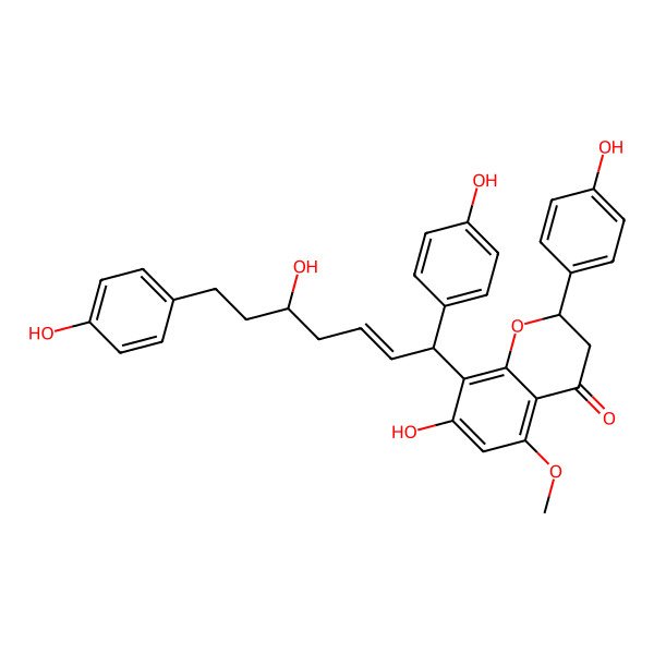 2D Structure of (2S)-7-hydroxy-8-[(E,1S,5S)-5-hydroxy-1,7-bis(4-hydroxyphenyl)hept-2-enyl]-2-(4-hydroxyphenyl)-5-methoxy-2,3-dihydrochromen-4-one
