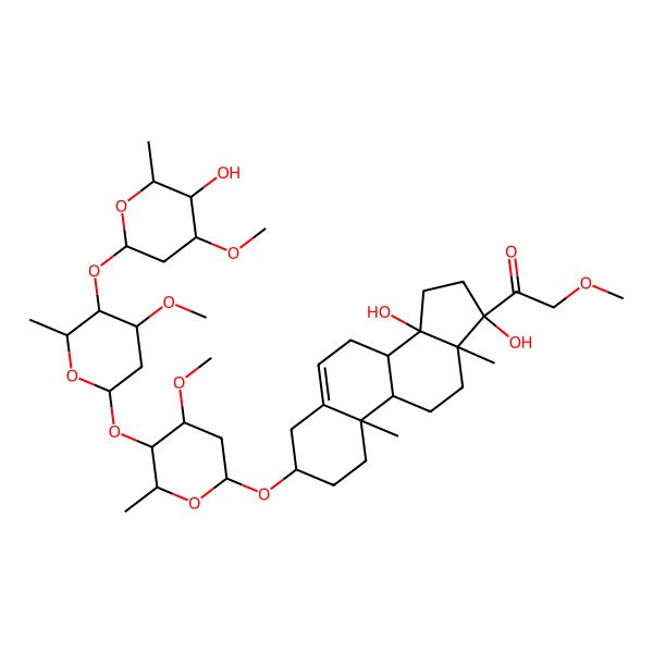 2D Structure of 1-[(3S,8R,9S,10R,13S,14S,17S)-14,17-dihydroxy-3-[(2R,4S,5R,6R)-5-[(2S,4S,5R,6R)-5-[(2S,4R,5R,6R)-5-hydroxy-4-methoxy-6-methyloxan-2-yl]oxy-4-methoxy-6-methyloxan-2-yl]oxy-4-methoxy-6-methyloxan-2-yl]oxy-10,13-dimethyl-2,3,4,7,8,9,11,12,15,16-decahydro-1H-cyclopenta[a]phenanthren-17-yl]-2-methoxyethanone