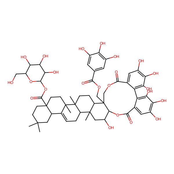 2D Structure of [3,4,5-Trihydroxy-6-(hydroxymethyl)oxan-2-yl] 21,27,28,29,32,33,34-heptahydroxy-5,6,12,12,19-pentamethyl-24,37-dioxo-1-[(3,4,5-trihydroxybenzoyl)oxymethyl]-23,38-dioxaoctacyclo[20.17.0.02,19.05,18.06,15.09,14.025,30.031,36]nonatriaconta-15,25,27,29,31,33,35-heptaene-9-carboxylate
