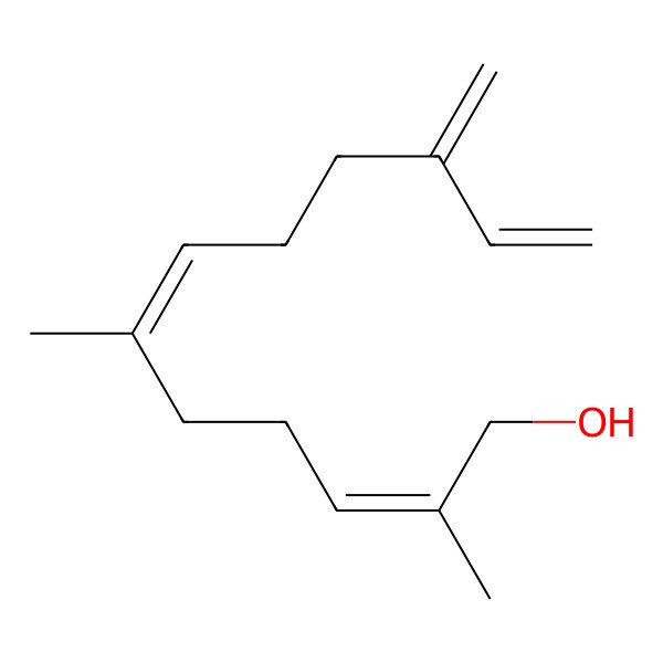 2D Structure of (2E,6E)-2,6-dimethyl-10-methylidenedodeca-2,6,11-trien-1-ol