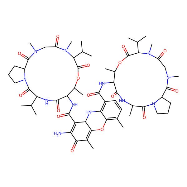 2D Structure of 8-amino-4,6-dimethyl-7-oxo-1-N-(3,7,11,14-tetramethyl-2,5,9,12,15-pentaoxo-10-propan-2-yl-8-oxa-1,4,11,14-tetrazabicyclo[14.3.0]nonadecan-6-yl)-9-N-[7,11,14-trimethyl-2,5,9,12,15-pentaoxo-3,10-di(propan-2-yl)-8-oxa-1,4,11,14-tetrazabicyclo[14.3.0]nonadecan-6-yl]-9a,10-dihydrophenoxazine-1,9-dicarboxamide