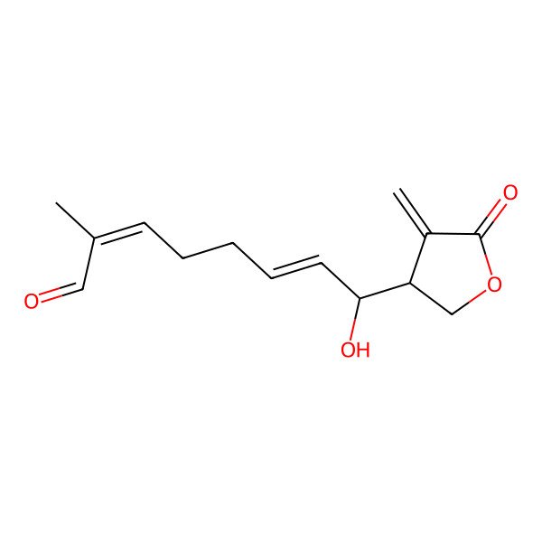 2D Structure of (2E,6E,8R)-8-hydroxy-2-methyl-8-[(3R)-4-methylidene-5-oxooxolan-3-yl]octa-2,6-dienal