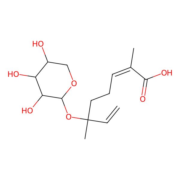 2D Structure of (2E,6S)-2,6-dimethyl-6-[(2S,3R,4S,5R)-3,4,5-trihydroxyoxan-2-yl]oxyocta-2,7-dienoic acid