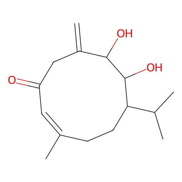 2D Structure of (2E,6S,7R,8R)-7,8-dihydroxy-3-methyl-9-methylidene-6-propan-2-ylcyclodec-2-en-1-one