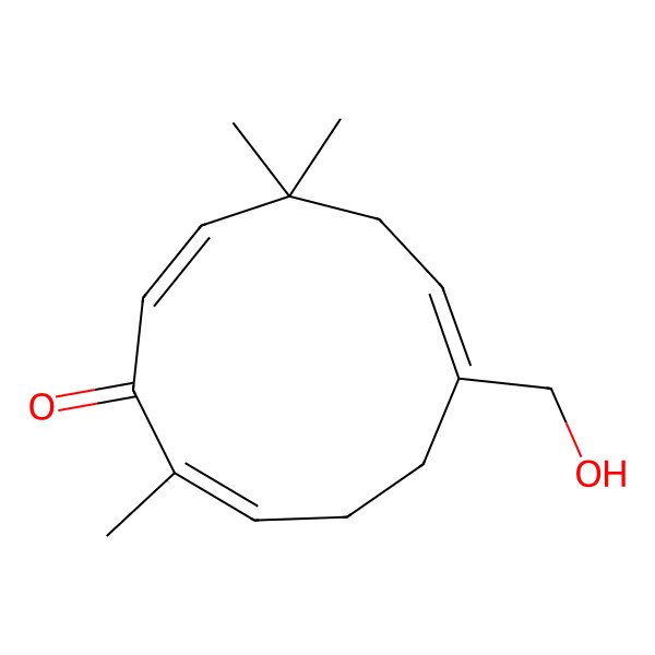 2D Structure of (2E,6Z,10E)-6-(hydroxymethyl)-2,9,9-trimethylcycloundeca-2,6,10-trien-1-one 2D Structure of (2E,6Z,10E)-6-(hydroxymethyl)-2,9,9-trimethylcycloundeca-2,6,10-trien-1-one