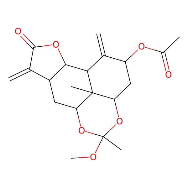 2D Structure of Furo[3a(2),2a(2):3,4]naphtho[1,8-de][1,3]dioxin-9(1H)-one, 2-(acetyloxy)decahydro-5-methoxy-5,10c-dimethyl-1,8-bis(methylene)-, (2R,3aS,5S,6aR,7aS,10aS,10bS,10cS)-