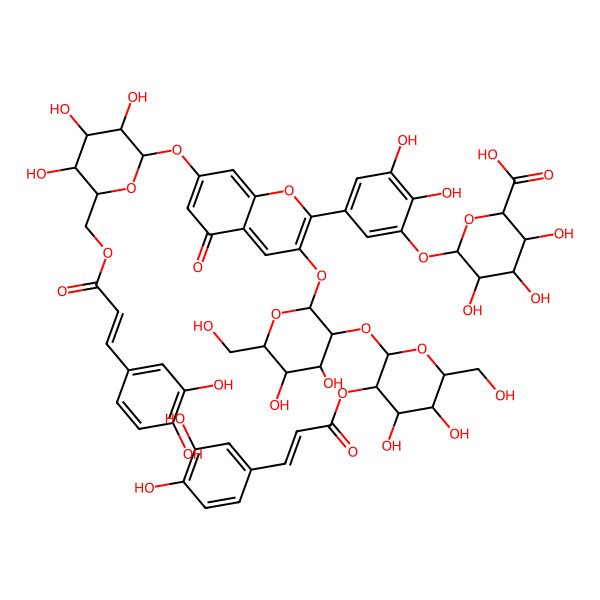 2D Structure of (2R,3S,4S,5S,6S)-6-[5-[3-[(2S,3S,4S,5R,6S)-3-[(2S,3R,4S,5S,6R)-3-[3-(3,4-dihydroxyphenyl)prop-2-enoyloxy]-4,5-dihydroxy-6-(hydroxymethyl)oxan-2-yl]oxy-4,5-dihydroxy-6-(hydroxymethyl)oxan-2-yl]oxy-7-[(2S,3S,4S,5S,6R)-6-[3-(3,4-dihydroxyphenyl)prop-2-enoyloxymethyl]-3,4,5-trihydroxyoxan-2-yl]oxy-5-oxochromen-2-yl]-2,3-dihydroxyphenoxy]-3,4,5-trihydroxyoxane-2-carboxylic acid