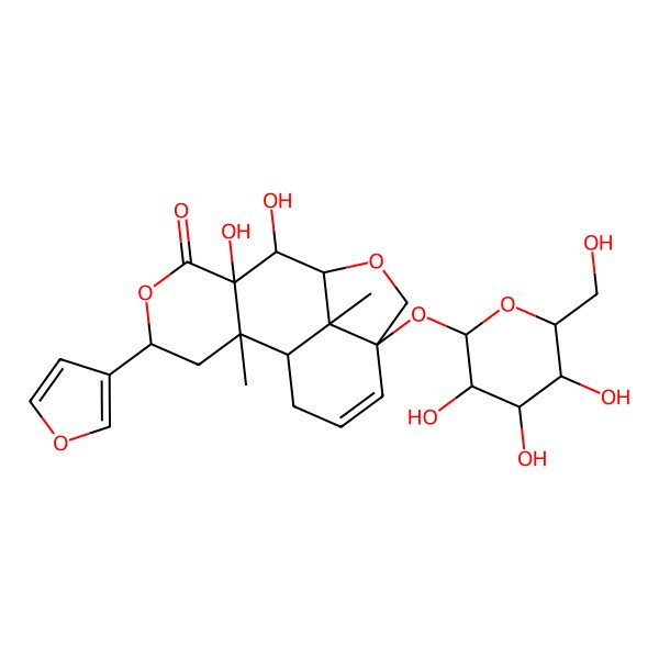 2D Structure of (1S,2S,4S,7S,8S,9S,12S,16S)-4-(furan-3-yl)-7,8-dihydroxy-2,16-dimethyl-12-[(2S,3R,4S,5S,6R)-3,4,5-trihydroxy-6-(hydroxymethyl)oxan-2-yl]oxy-5,10-dioxatetracyclo[7.6.1.02,7.012,16]hexadec-13-en-6-one