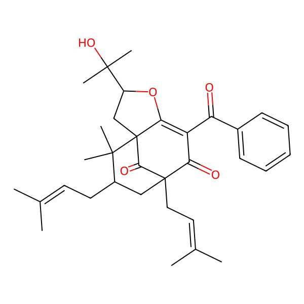 2D Structure of 6-Benzoyl-3-(2-hydroxypropan-2-yl)-11,11-dimethyl-8,10-bis(3-methylbut-2-enyl)-4-oxatricyclo[6.3.1.01,5]dodec-5-ene-7,12-dione