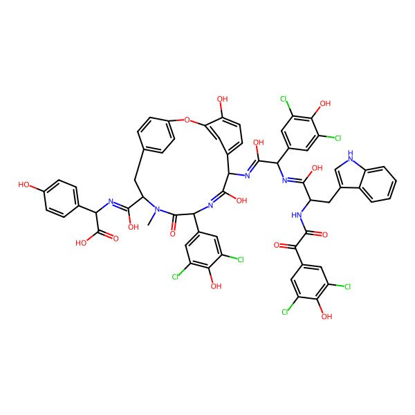 2D Structure of (2R)-2-[[[(8R,11R,14S)-11-(3,5-dichloro-4-hydroxyphenyl)-8-[[(2S)-2-(3,5-dichloro-4-hydroxyphenyl)-2-[[(2S)-2-[[2-(3,5-dichloro-4-hydroxyphenyl)-2-oxoacetyl]amino]-1-hydroxy-3-(1H-indol-3-yl)propylidene]amino]-1-hydroxyethylidene]amino]-4,9-dihydroxy-13-methyl-12-oxo-2-oxa-10,13-diazatricyclo[14.2.2.13,7]henicosa-1(18),3,5,7(21),9,16,19-heptaen-14-yl]-hydroxymethylidene]amino]-2-(4-hydroxyphenyl)acetic acid
