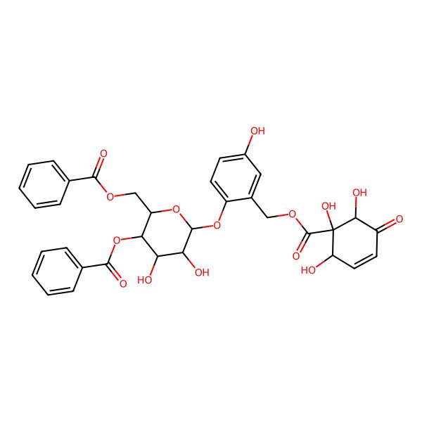2D Structure of [2-[(2R,3S,4S,5R,6S)-5-benzoyloxy-6-(benzoyloxymethyl)-3,4-dihydroxyoxan-2-yl]oxy-5-hydroxyphenyl]methyl (1R,2R,6R)-1,2,6-trihydroxy-5-oxocyclohex-3-ene-1-carboxylate