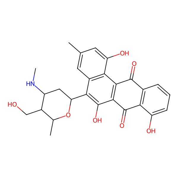 2D Structure of 1,6,8-trihydroxy-5-[(2R,4R,5S,6R)-5-(hydroxymethyl)-6-methyl-4-(methylamino)oxan-2-yl]-3-methylbenzo[a]anthracene-7,12-dione
