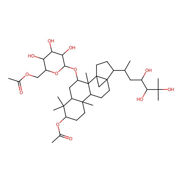 2D Structure of [(2R,3S,4S,5R,6R)-6-[[(1S,2R,3R,5R,7R,10S,11R,14R,15S)-7-acetyloxy-2,6,6,10-tetramethyl-15-[(2S,4S,5S)-4,5,6-trihydroxy-6-methylheptan-2-yl]-3-pentacyclo[12.3.1.01,14.02,11.05,10]octadecanyl]oxy]-3,4,5-trihydroxyoxan-2-yl]methyl acetate