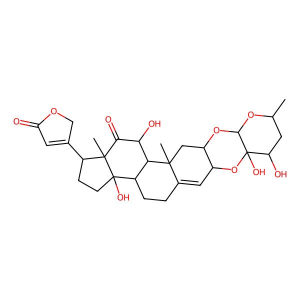 2D Structure of (3R,5S,6R,8R,10S,12R,14R,15S,16S,18R,19R,22S,23R)-5,6,16,22-tetrahydroxy-8,14,18-trimethyl-19-(5-oxo-2H-furan-3-yl)-4,9,11-trioxahexacyclo[12.11.0.03,12.05,10.015,23.018,22]pentacos-1-en-17-one
