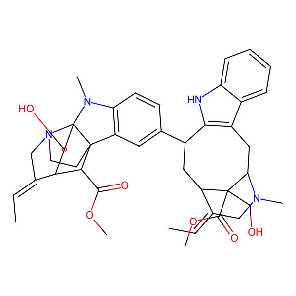 2D Structure of methyl (1R,9S,10S,12R,13E,18R)-13-ethylidene-4-[(1S,12R,14S,15E,18S)-15-ethylidene-18-(hydroxymethyl)-18-methoxycarbonyl-17-methyl-10,17-diazatetracyclo[12.3.1.03,11.04,9]octadeca-3(11),4,6,8-tetraen-12-yl]-10-hydroxy-8-methyl-8,15-diazapentacyclo[10.5.1.01,9.02,7.09,15]octadeca-2(7),3,5-triene-18-carboxylate