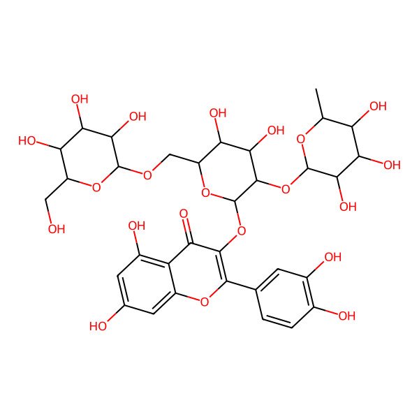 2D Structure of 2-(3,4-dihydroxyphenyl)-3-[(2S,3S,4S,5R,6S)-4,5-dihydroxy-6-[[(2R,3R,4S,5S,6S)-3,4,5-trihydroxy-6-(hydroxymethyl)oxan-2-yl]oxymethyl]-3-[(2S,3S,4S,5R,6R)-3,4,5-trihydroxy-6-methyloxan-2-yl]oxyoxan-2-yl]oxy-5,7-dihydroxychromen-4-one