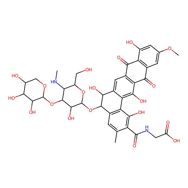 2D Structure of Glycine, N-(((5S,6S)-5-((4,6-dideoxy-4-(methylamino)-3-O-beta-D-xylopyranosyl-beta-D-galactopyranosyl)oxy)-5,6,8,13-tetrahydro-1,6,9,1--tetrahydroxy-11-methoxy-3-methyl-8,13-dioxobenzo(a)naphthacen-2-yl)carbonyl)-