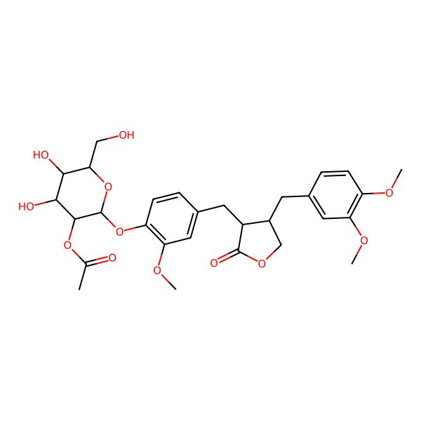 2D Structure of [2-[4-[[4-[(3,4-Dimethoxyphenyl)methyl]-2-oxooxolan-3-yl]methyl]-2-methoxyphenoxy]-4,5-dihydroxy-6-(hydroxymethyl)oxan-3-yl] acetate