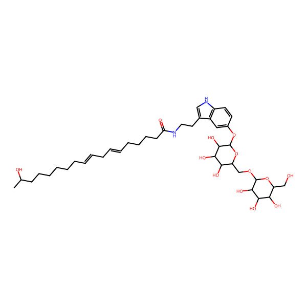 2D Structure of (6Z,9Z,17S)-17-hydroxy-N-[2-[5-[(2S,3S,4S,5S,6R)-3,4,5-trihydroxy-6-[[(2R,3S,4R,5S,6R)-3,4,5-trihydroxy-6-(hydroxymethyl)oxan-2-yl]oxymethyl]oxan-2-yl]oxy-1H-indol-3-yl]ethyl]octadeca-6,9-dienamide