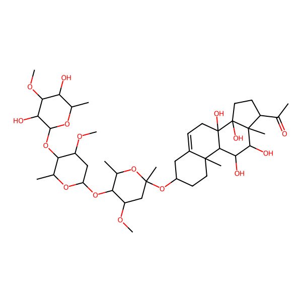 2D Structure of 1-[(3S,8S,10R,11S,12S,13S,14R,17R)-3-[5-[5-(3,5-dihydroxy-4-methoxy-6-methyloxan-2-yl)oxy-4-methoxy-6-methyloxan-2-yl]oxy-4-methoxy-2,6-dimethyloxan-2-yl]oxy-8,11,12,14-tetrahydroxy-10,13-dimethyl-2,3,4,7,9,11,12,15,16,17-decahydro-1H-cyclopenta[a]phenanthren-17-yl]ethanone