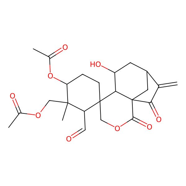 2D Structure of (6'-Acetyloxy-2'-formyl-7-hydroxy-1'-methyl-10-methylidene-2,11-dioxospiro[3-oxatricyclo[7.2.1.01,6]dodecane-5,3'-cyclohexane]-1'-yl)methyl acetate