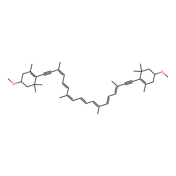 2D Structure of (5S)-5-methoxy-2-[(3E,5E,7E,9E,11E,13E,15E)-18-[(4S)-4-methoxy-2,6,6-trimethylcyclohexen-1-yl]-3,7,12,16-tetramethyloctadeca-3,5,7,9,11,13,15-heptaen-1,17-diynyl]-1,3,3-trimethylcyclohexene