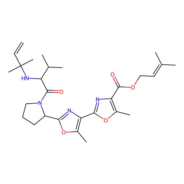 2D Structure of 3-Methylbut-2-enyl 5-methyl-2-[5-methyl-2-[(2S)-1-[(2S)-3-methyl-2-(2-methylbut-3-en-2-ylamino)butanoyl]pyrrolidin-2-yl]-1,3-oxazol-4-yl]-1,3-oxazole-4-carboxylate