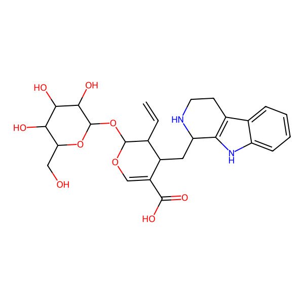 2D Structure of 3-ethenyl-4-(2,3,4,9-tetrahydro-1H-pyrido[3,4-b]indol-1-ylmethyl)-2-[3,4,5-trihydroxy-6-(hydroxymethyl)oxan-2-yl]oxy-3,4-dihydro-2H-pyran-5-carboxylic acid
