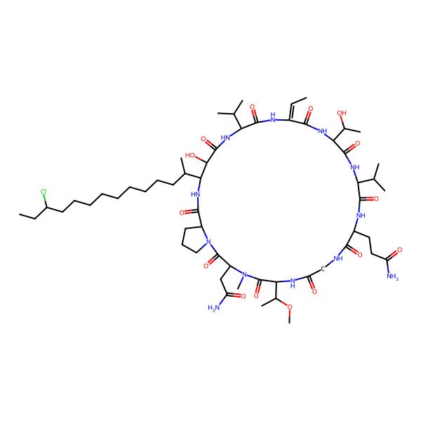2D Structure of 3-[(21E)-3-(2-amino-2-oxoethyl)-28-(12-chlorotetradecan-2-yl)-21-ethylidene-27-hydroxy-18-(1-hydroxyethyl)-6-(1-methoxyethyl)-4-methyl-2,5,8,11,14,17,20,23,26,30-decaoxo-15,24-di(propan-2-yl)-1,4,7,10,13,16,19,22,25,29-decazabicyclo[29.3.0]tetratriacontan-12-yl]propanamide