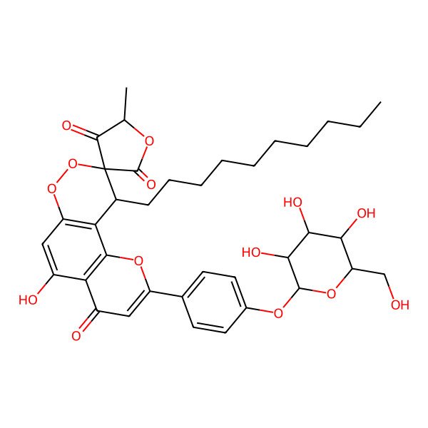 2D Structure of 10-decyl-5-hydroxy-5'-methyl-2-[4-[3,4,5-trihydroxy-6-(hydroxymethyl)oxan-2-yl]oxyphenyl]spiro[10H-pyrano[2,3-f][1,2]benzodioxine-9,3'-oxolane]-2',4,4'-trione