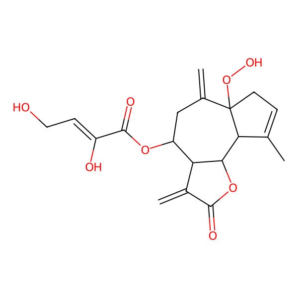 2D Structure of [(3aR,4R,6aS,9aR,9bS)-6a-hydroperoxy-9-methyl-3,6-dimethylidene-2-oxo-3a,4,5,7,9a,9b-hexahydroazuleno[4,5-b]furan-4-yl] (Z)-2,4-dihydroxybut-2-enoate