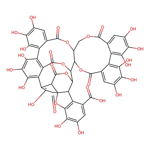 2D Structure of (1R,2R,20R,37R,45S,46R,52S)-7,8,9,12,13,14,25,26,27,30,31,32,35,40,41-pentadecahydroxy-4,17,22,36,48,51-hexaoxo-3,18,21,38,47,50-hexaoxaundecacyclo[27.17.3.334,46.02,20.05,10.011,16.023,28.033,49.037,45.039,44.037,52]dopentaconta-5,7,9,11,13,15,23,25,27,29(49),30,32,34,39(44),40,42-hexadecaene-43-carboxylic acid