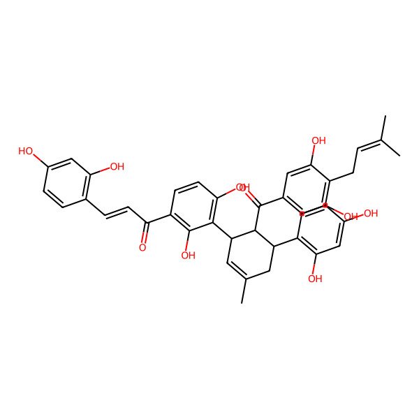 2D Structure of 1-[3-[6-[3,5-Dihydroxy-4-(3-methylbut-2-enyl)benzoyl]-5-(2,4-dihydroxyphenyl)-3-methylcyclohex-2-en-1-yl]-2,4-dihydroxyphenyl]-3-(2,4-dihydroxyphenyl)prop-2-en-1-one