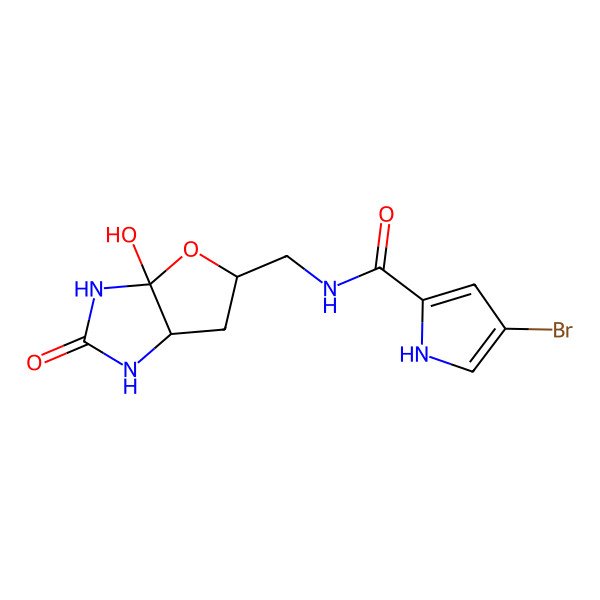 2D Structure of N-[[(3aS,5S,6aR)-3a-hydroxy-2-oxo-3,5,6,6a-tetrahydro-1H-furo[2,3-d]imidazol-5-yl]methyl]-4-bromo-1H-pyrrole-2-carboxamide