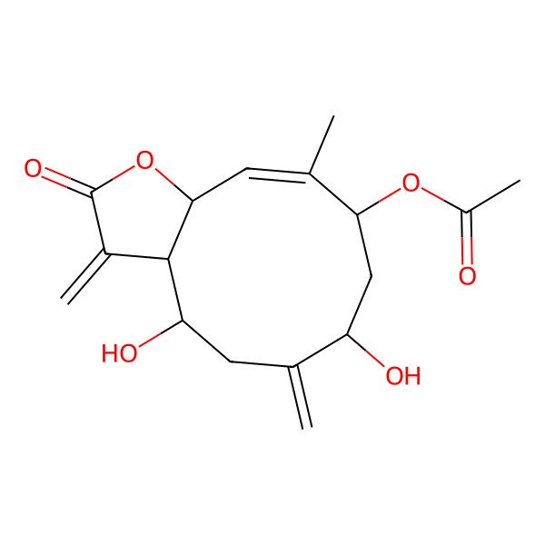 2D Structure of (4,7-dihydroxy-10-methyl-3,6-dimethylidene-2-oxo-4,5,7,8,9,11a-hexahydro-3aH-cyclodeca[b]furan-9-yl) acetate