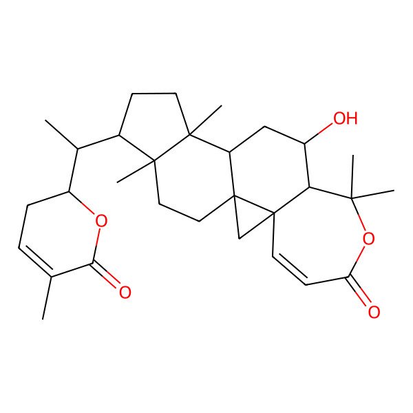 2D Structure of 10-Hydroxy-8,8,13,17-tetramethyl-16-[1-(5-methyl-6-oxo-2,3-dihydropyran-2-yl)ethyl]-7-oxapentacyclo[10.7.0.01,3.03,9.013,17]nonadec-4-en-6-one