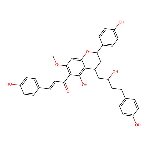 2D Structure of (E)-1-[(2S,4R)-5-hydroxy-4-[(2S)-2-hydroxy-4-(4-hydroxyphenyl)butyl]-2-(4-hydroxyphenyl)-7-methoxy-3,4-dihydro-2H-chromen-6-yl]-3-(4-hydroxyphenyl)prop-2-en-1-one